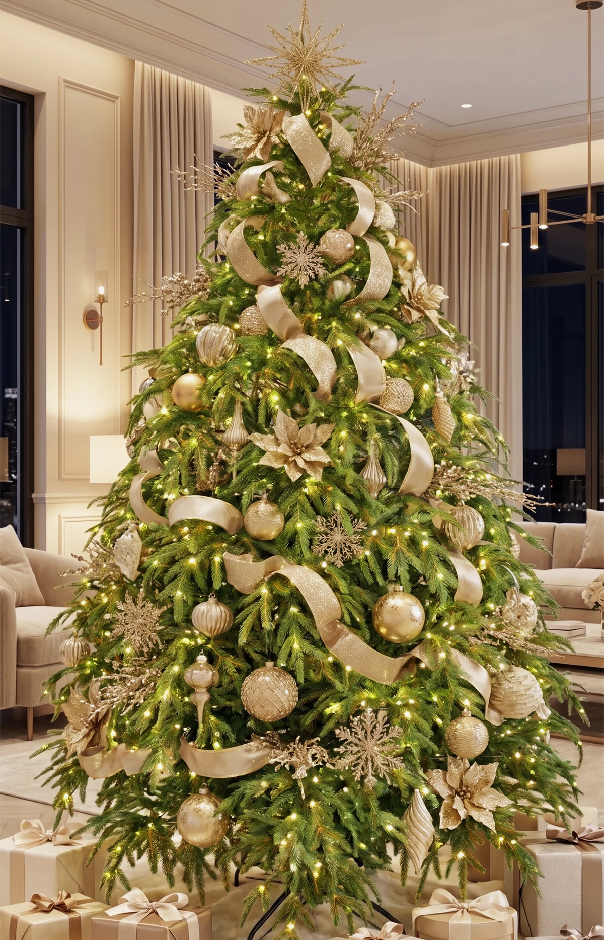 100% PE Pre-Lit Premium Christmas Tree 7ft - Full | Black Hills Spruce | Ultra Realistic | Golden Decorations