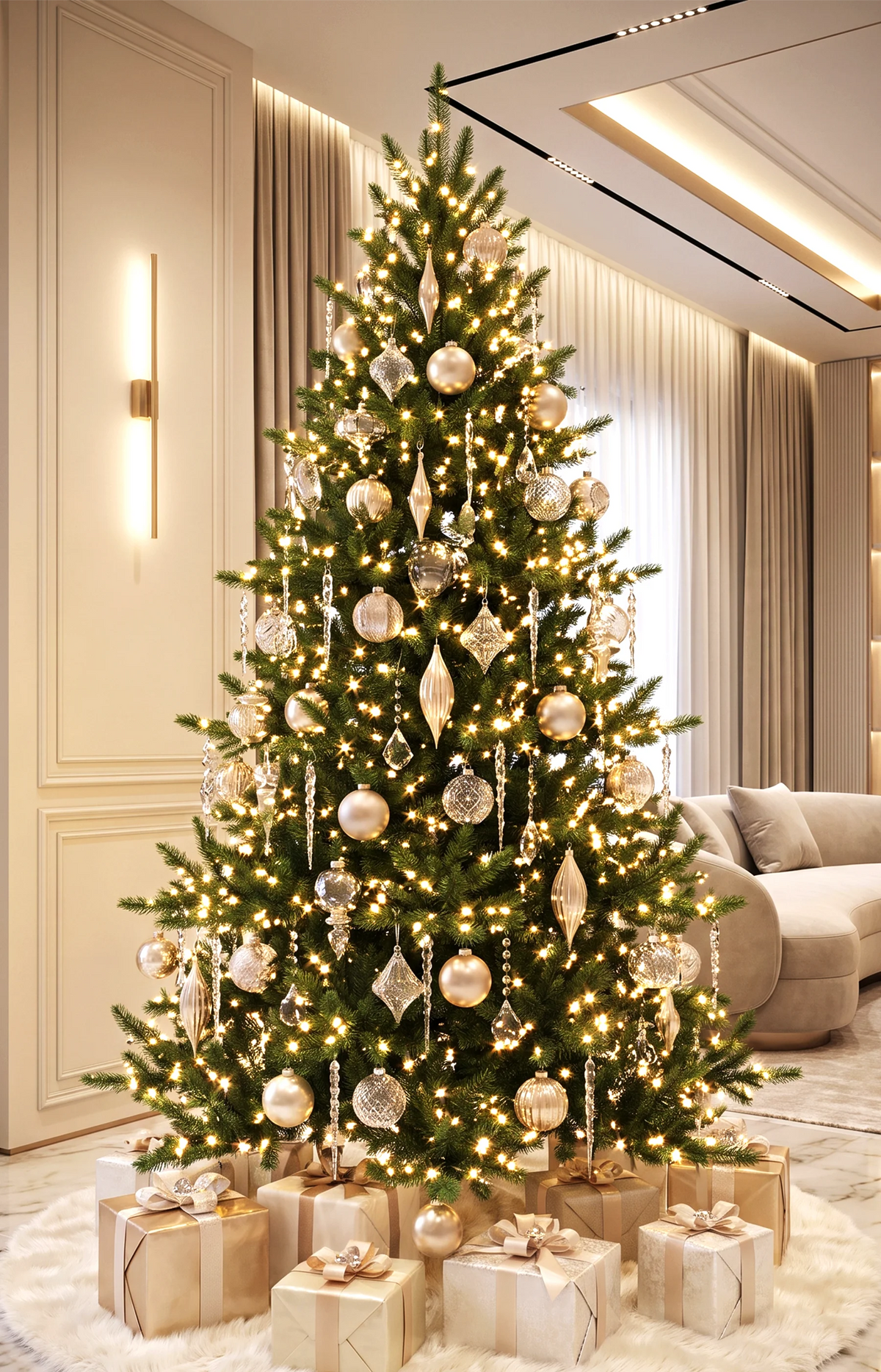 100% PE Pre-Lit Premium Christmas Tree 7ft - Full | Nordic Heritage Fir | Ultra Realistic | Golden Decorations