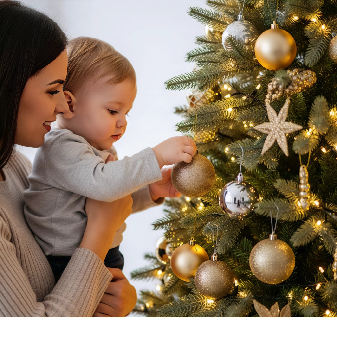 Twinkle n Grace Woman Holding a Baby Near Twinkle n Grace Ultra Realistic Luxury Christmas Trees Twinkle Care Dedicated Customer Support