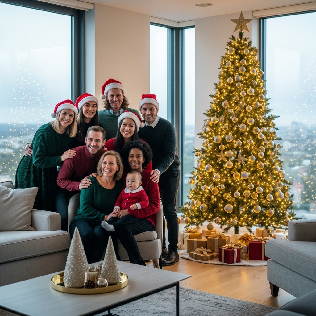 Family posing for a photo in a cozy living room beside a decorated Twinkle n Grace Ultra Realistic 100% PE Christmas tree
