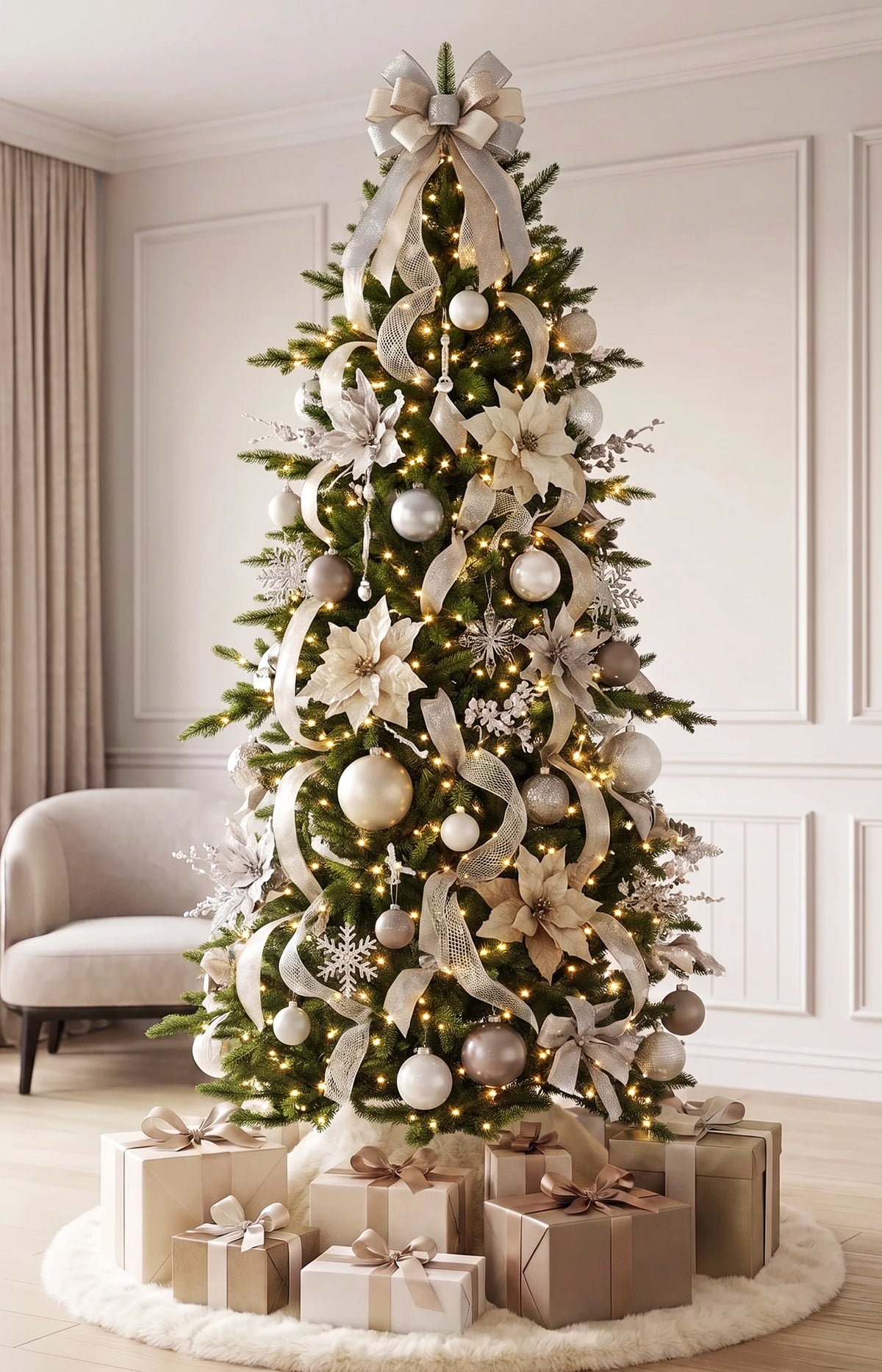 100% PE Pre-Lit Premium Christmas Tree 7ft - Full | Subalpine Fir | Ultra Realistic | Gold Decorations
