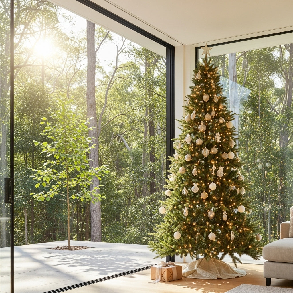 Decorated Twinkle n Grace Ultra Realistic 100% PE Christmas tree in a bright living room with large windows overlooking a forest view