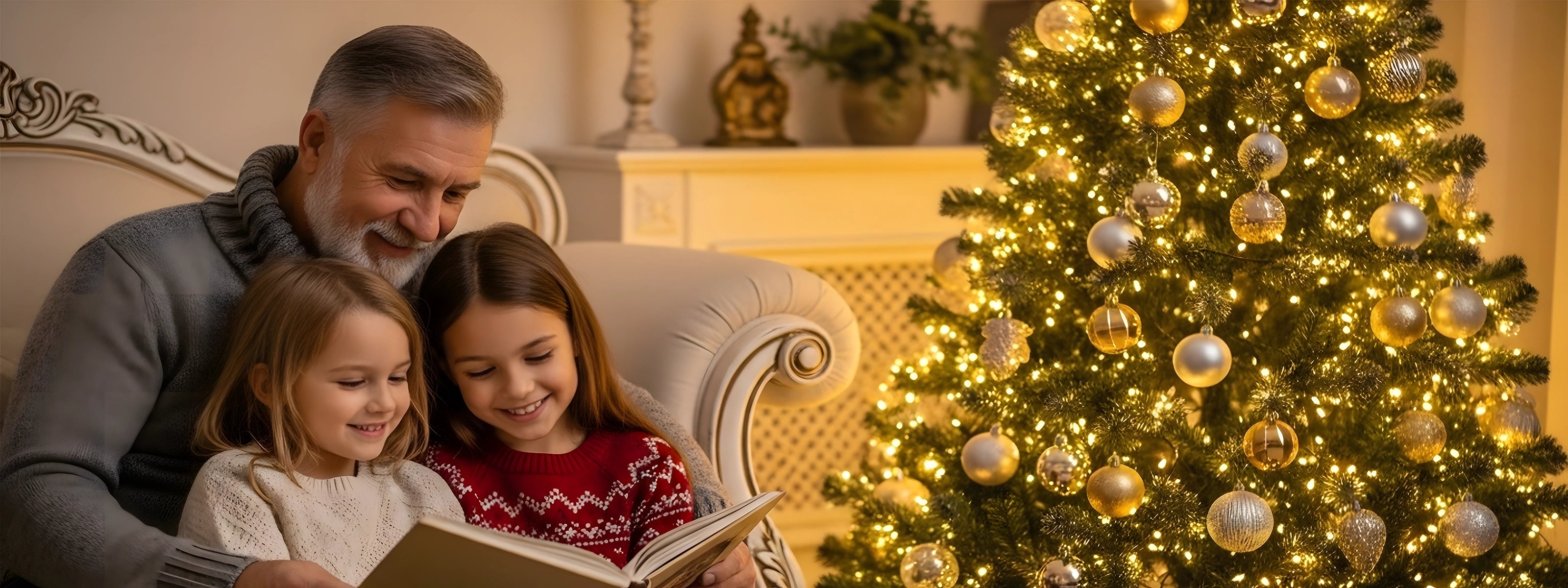 Grandfather and two children reading a book beside the decorated Twinkle n Grace 100% PE Ultra Realistic Pre-lit Luxury Christmas